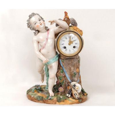 Pendule Porcelaine Angelot Putti Allégorie Musique Tambour Coq XIXème