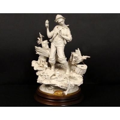 Sculpture Biscuit Capodimonte Character Fisherman Fish L.cazzola Twentieth