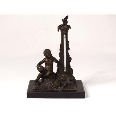 Thermometer Bronze Black Marble Cherub Globe Column Allegory XIXth Century