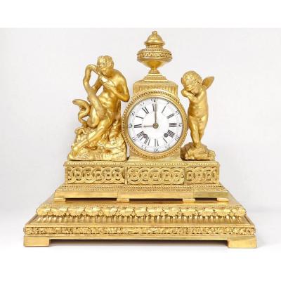 Pendule Bois Doré Déesse Hygie Serpent Angelot Eros Cupidon Clock XVIIIème