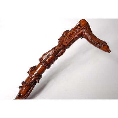 Cane Monoxyle Folk Art Wood Carved Spiny Eve Serpent Bishop 1882