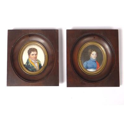 Pair Miniatures Portraits Notable Couple Woman Directoire Empire 18th 19th