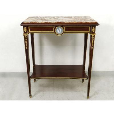 Small Louis XVI Living Room Table Mahogany Marble Gilt Bronze Wedgwood Nineteenth