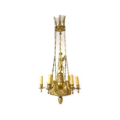 Lustre Empire 6 Feux Bronze Doré Renommée Victoire Ailée Cygnes XIXème