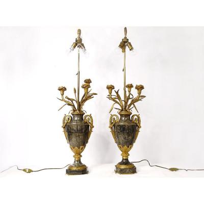Paire Vases Balustre Lampes Marbre Bronze Doré Fleurs Napoléon III XIXème