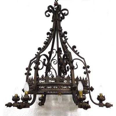 Chandelier Crown Of Lights 7 Lights Wrought Iron Lily Flowers XIXth Century