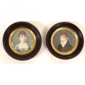 Paire Miniatures Portraits Couple Nobles Aristocrates Hamm Empire XIXème