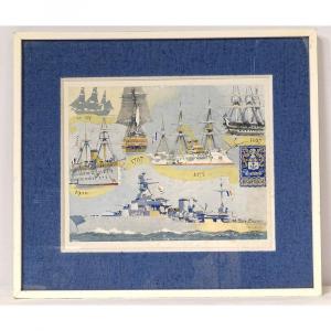 Gouache Albert Brenet Bateaux Navire Frégate Duguay-trouin Blason XXème