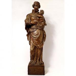 Statue Religieuse Vierge à l'Enfant Jésus Bois Sculpté Polychrome XVIIIème