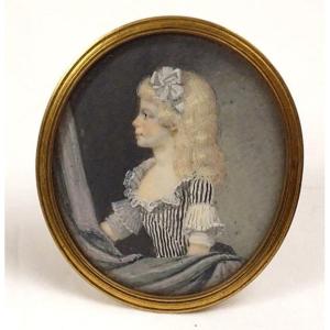 Miniature Painted Oval Portrait Young Girl Knot Bronze Frame XIXth Century