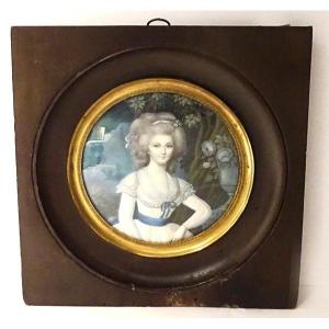 Painted Miniature Portrait Young Elegant Woman Flowers Signed Guillory Nineteenth