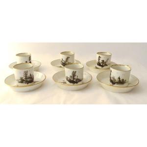 6 Vienna Grisaille Porcelain Cups Landscapes Castles Ponds Early XIXth