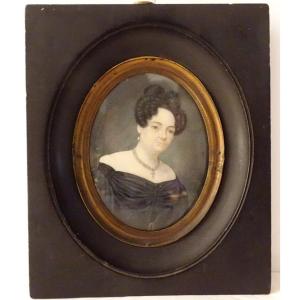 Painted Miniature Céline Parmentier Portrait Woman Necklace Pearls 1831 Nineteenth