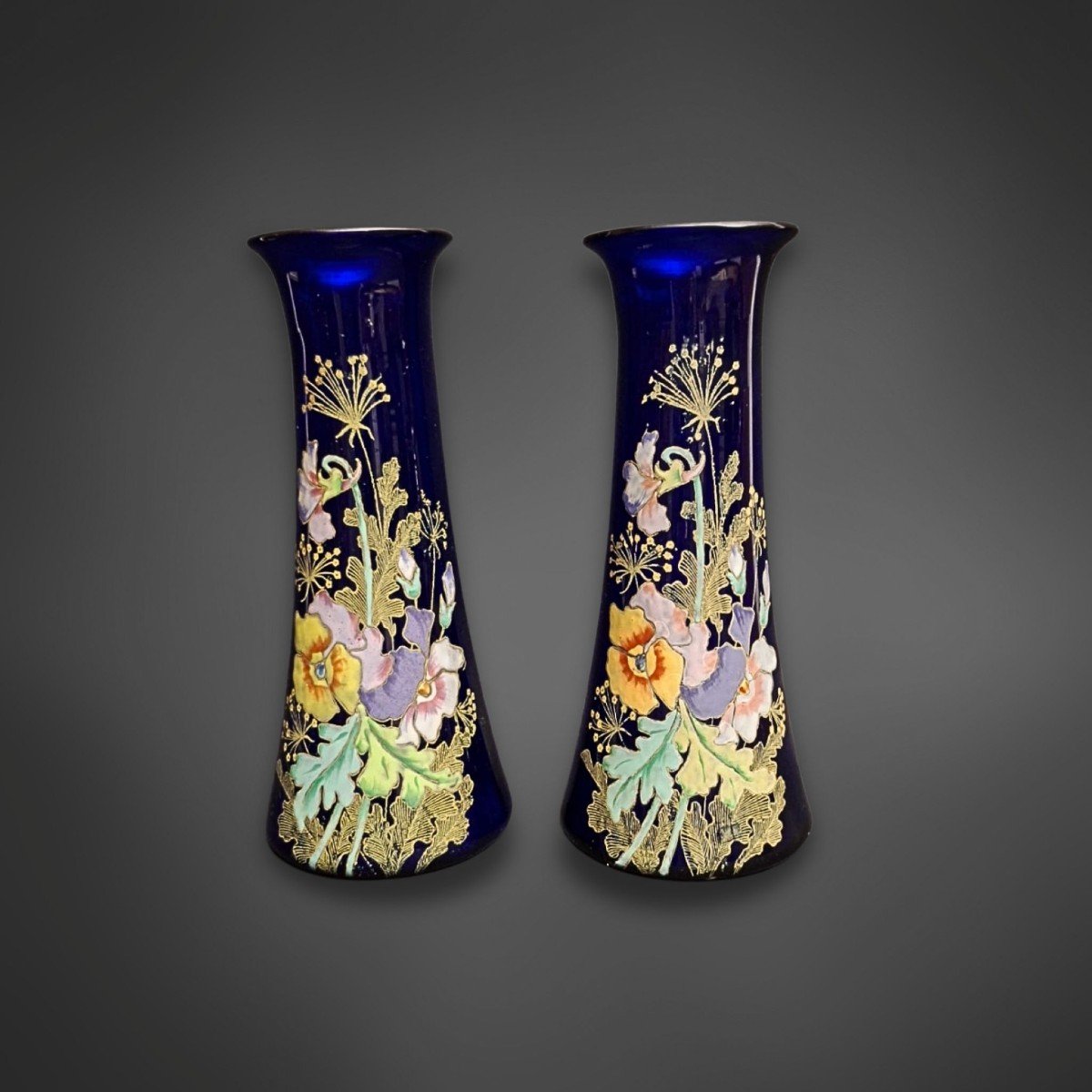 Paire De Vases En Verre Bleu Art Nouveau, France Vers 1890 - Art Nouveau