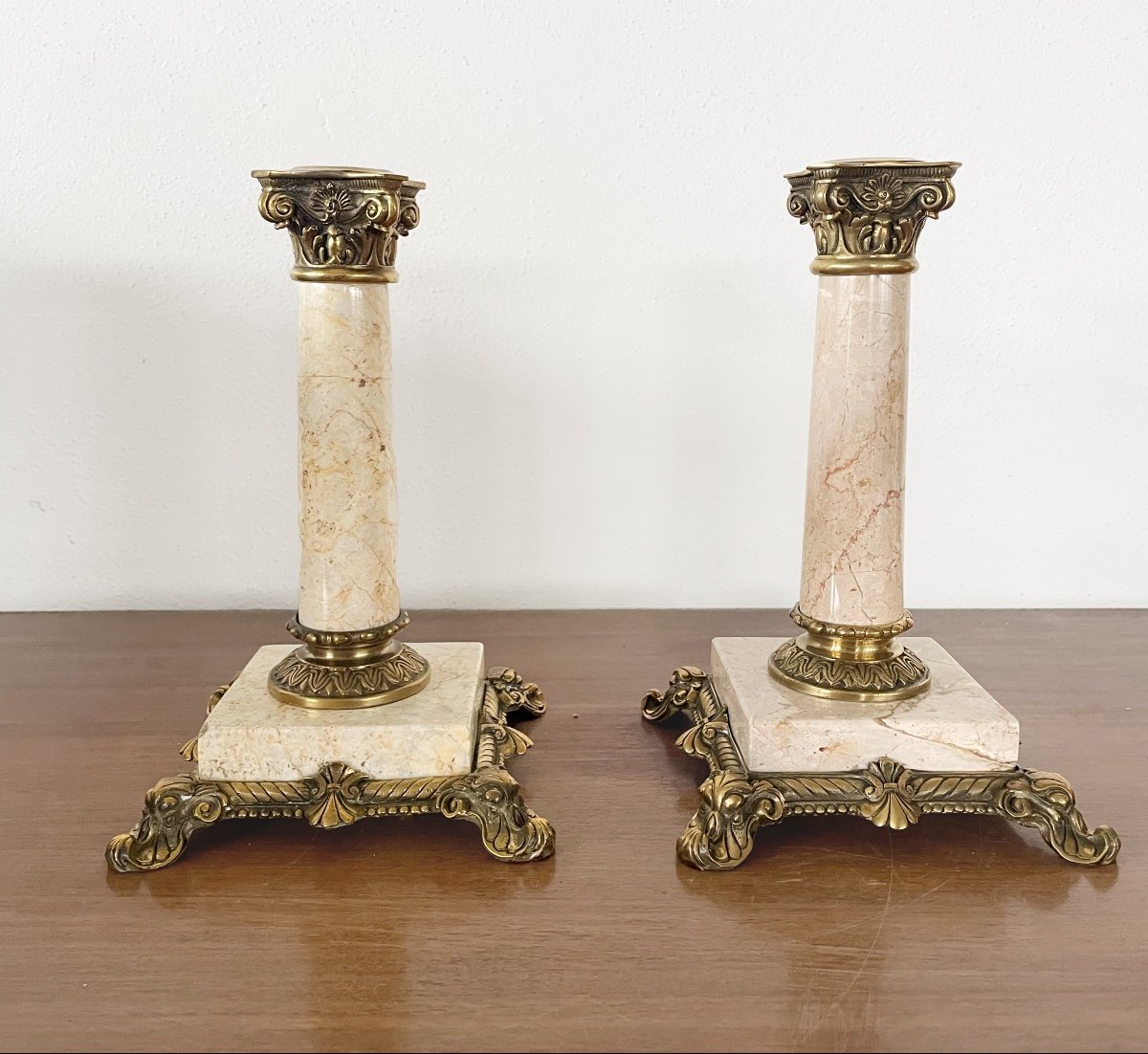 A Pair Of Candlesticks, Marble And Bronze-photo-2