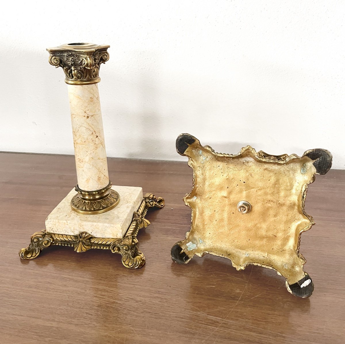 A Pair Of Candlesticks, Marble And Bronze-photo-1