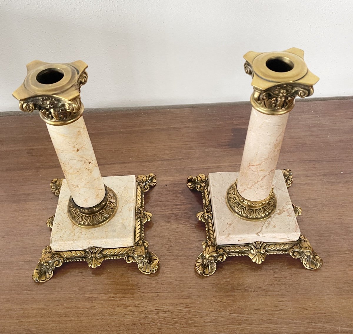 A Pair Of Candlesticks, Marble And Bronze-photo-5