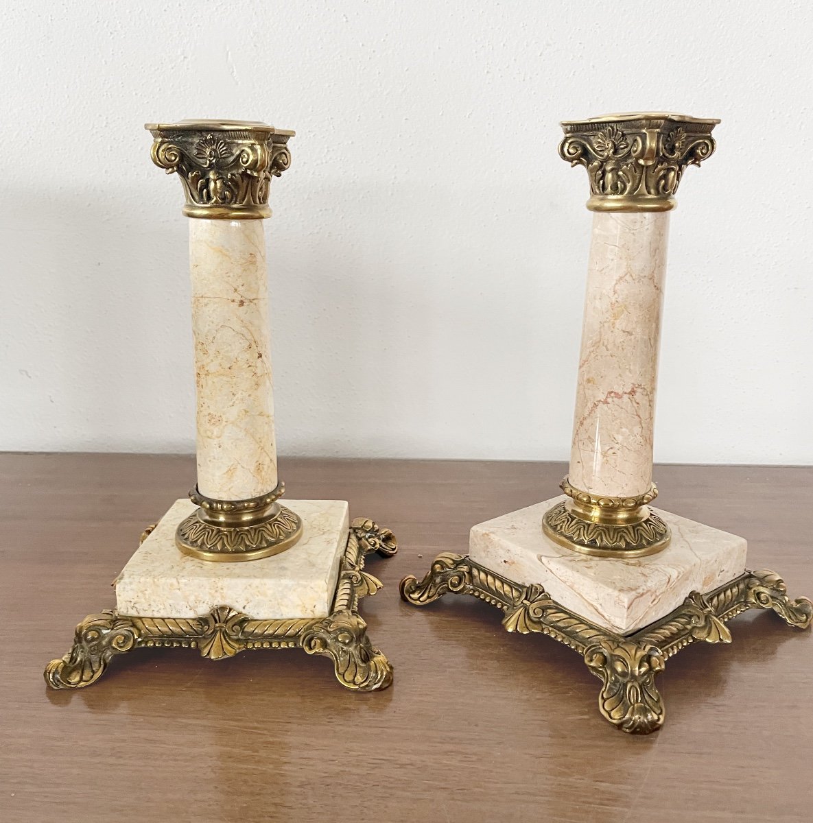 A Pair Of Candlesticks, Marble And Bronze-photo-7