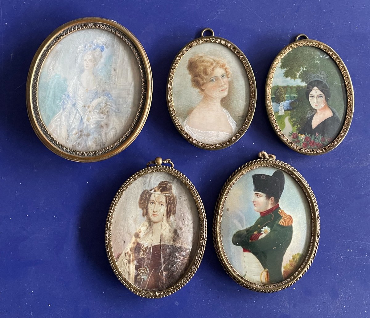 5 Pièces Portraits Miniatures Biedermeier