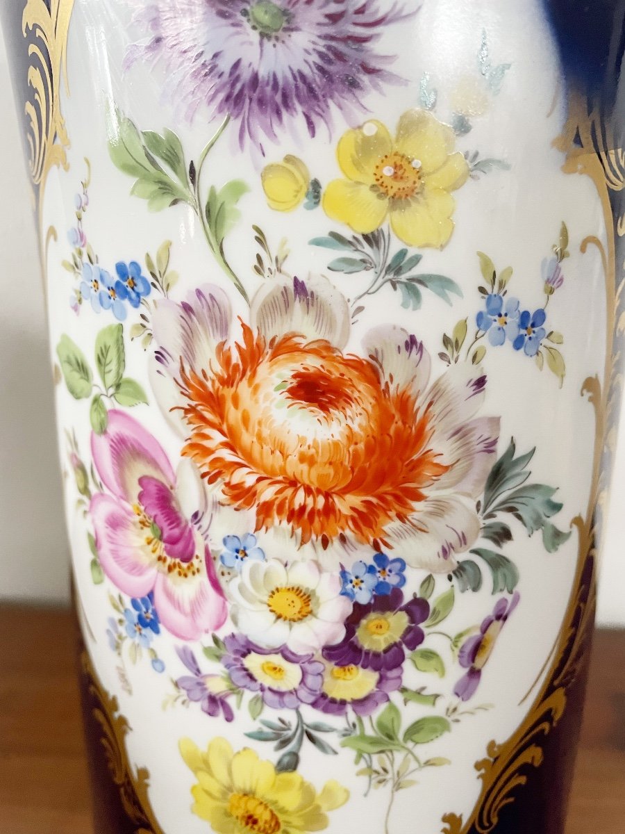 Blue Vase With Floral Decoration From Meissen, Circa 1930-photo-3