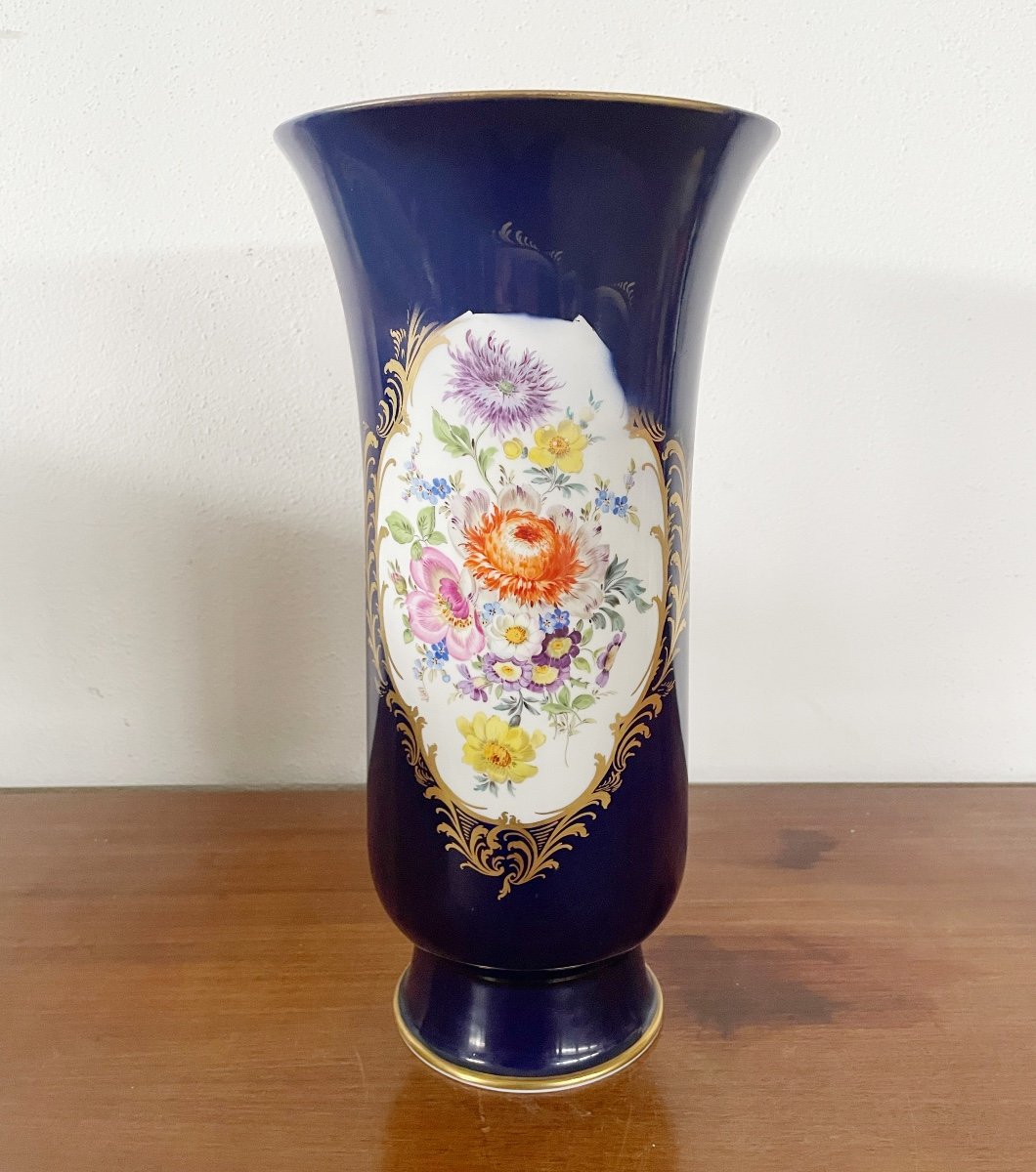 Blue Vase With Floral Decoration From Meissen, Circa 1930-photo-7