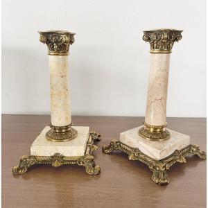 A Pair Of Candlesticks, Marble And Bronze