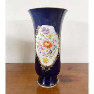 Blue Vase With Floral Decoration From Meissen, Circa 1930