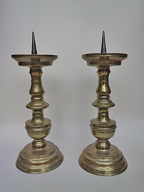 Proantic: A Pair Of Brass Pricket Candle Sticks, 18th Century.