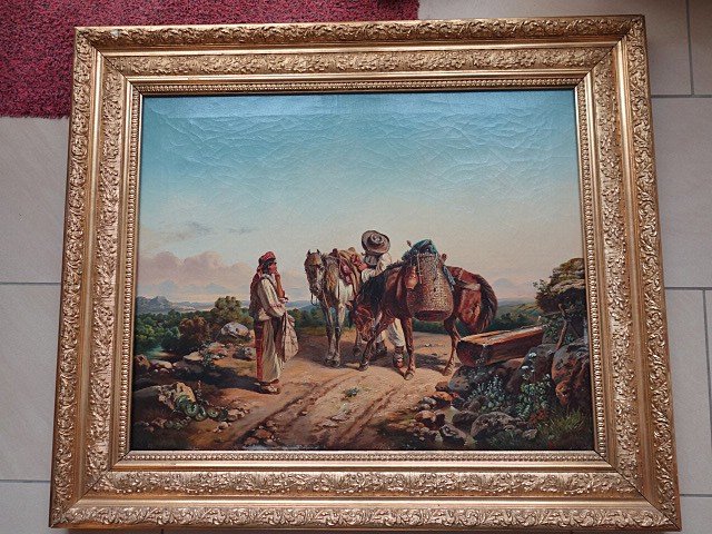 Country Travelers Resting. Oil On Canvas. Signed Van De Venne, Dated 1861.