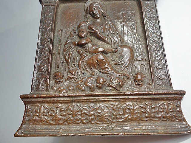 Plaque En Bronze Marie Avec l'Enfant. Italie 16ème Siècle. Belle Exécution-photo-4