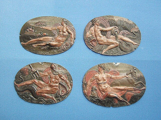 Series Of Four Lead Sea God Plaque Medallions, 16th Century-photo-2