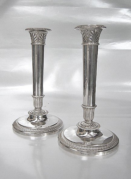 Pair Of Elegant And Heavy Empire Candlesticks In Solid Silver From Paris, Circa 1810.