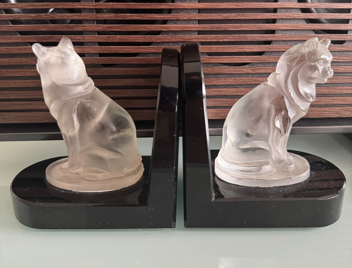 Ravissante Paire Serre Livres Epoque Art Deco 1930 Mascotte Hoffmann Chat Dlg Lalique-photo-3