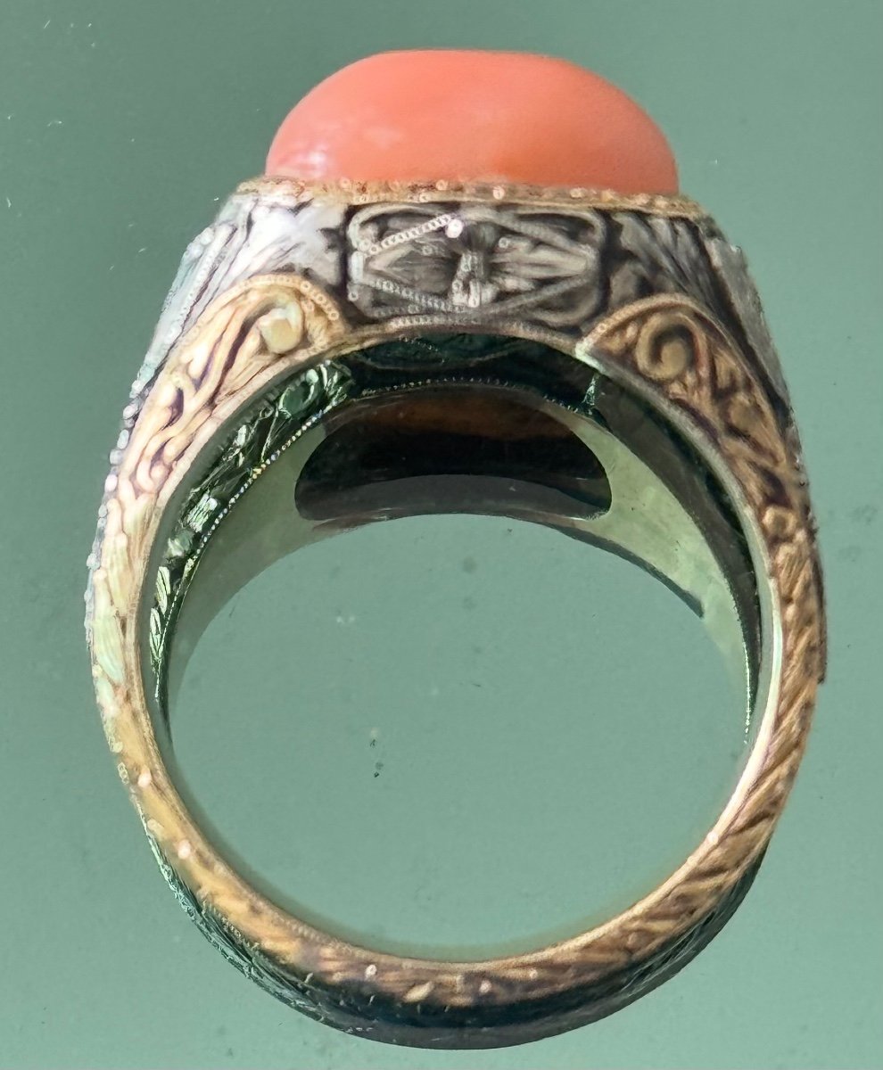 Rare Ravissante Bague Unisexe  Or ( Jaune Et Blanc)  Cabochon Corail Peau d'Ange Taille 62 -photo-3