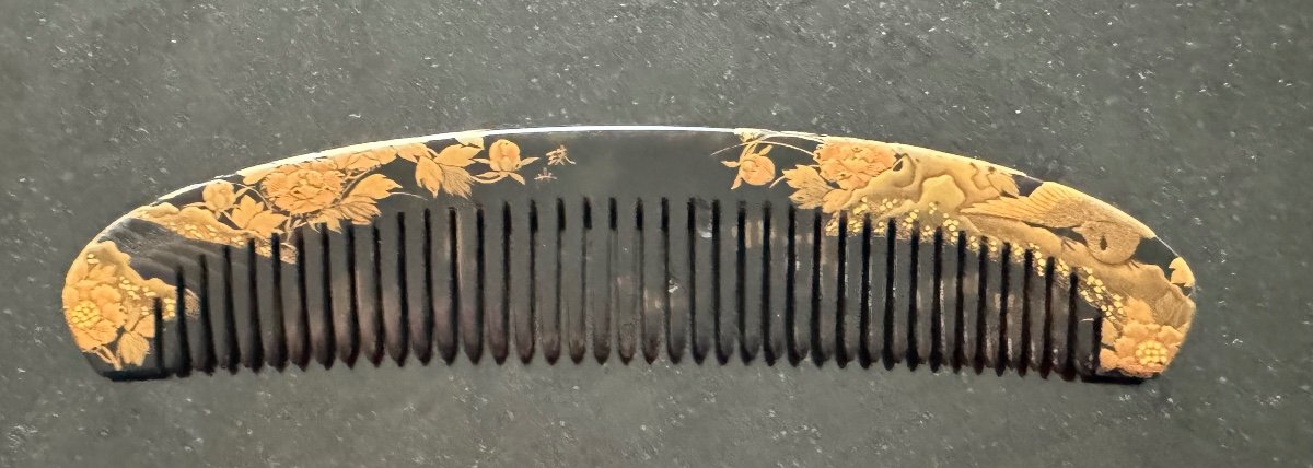 Rare Splendid Japanese Comb Signed Period XIX Edo Tortoiseshell Or Horn Splendid Decorations-photo-2