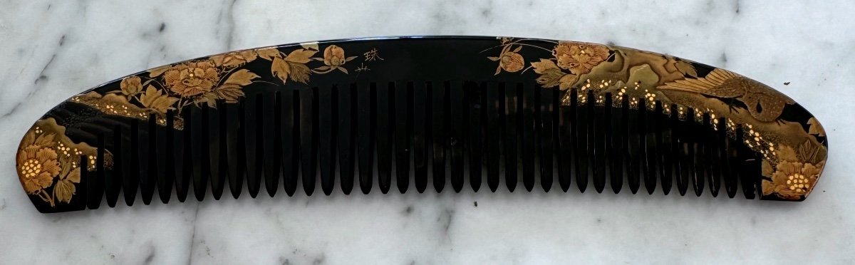 Rare Splendid Japanese Comb Signed Period XIX Edo Tortoiseshell Or Horn Splendid Decorations-photo-1