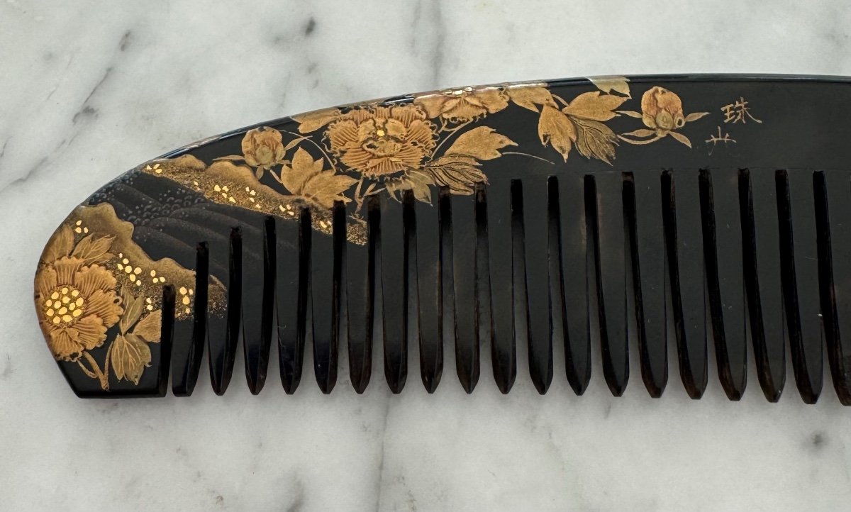 Rare Splendid Japanese Comb Signed Period XIX Edo Tortoiseshell Or Horn Splendid Decorations-photo-2