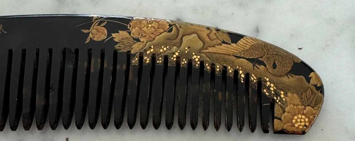 Rare Splendid Japanese Comb Signed Period XIX Edo Tortoiseshell Or Horn Splendid Decorations-photo-3