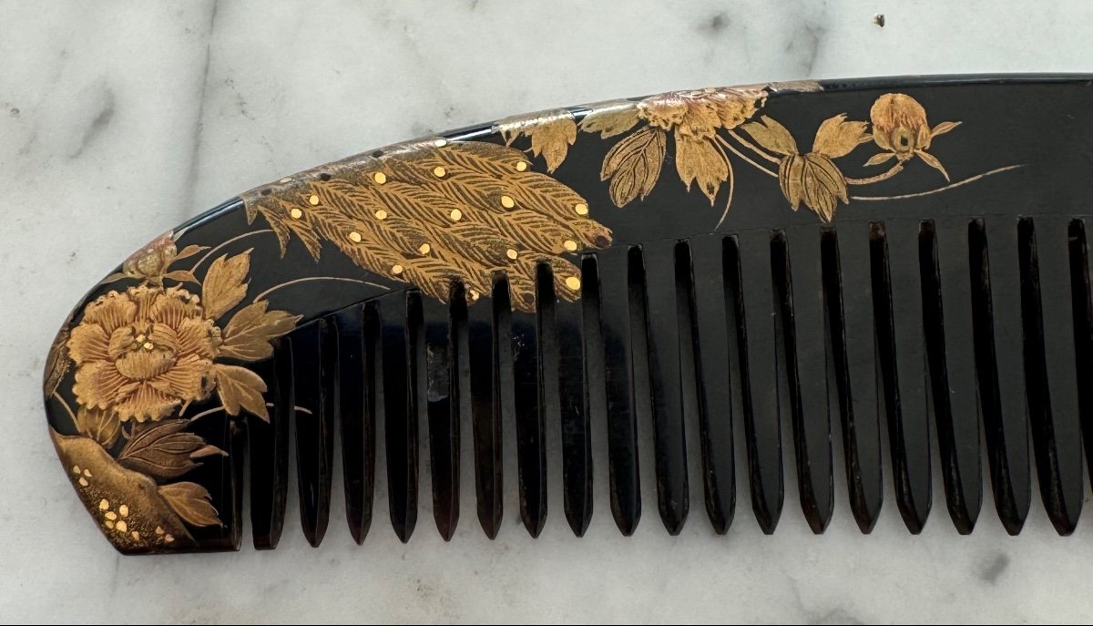 Rare Splendid Japanese Comb Signed Period XIX Edo Tortoiseshell Or Horn Splendid Decorations-photo-4