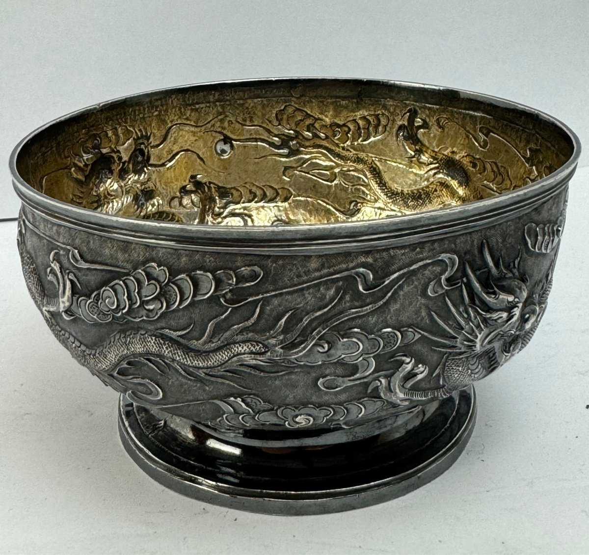 China Solid Silver 19th Century Bowl Decorated With Dragons Chasing The Sacred Pearl