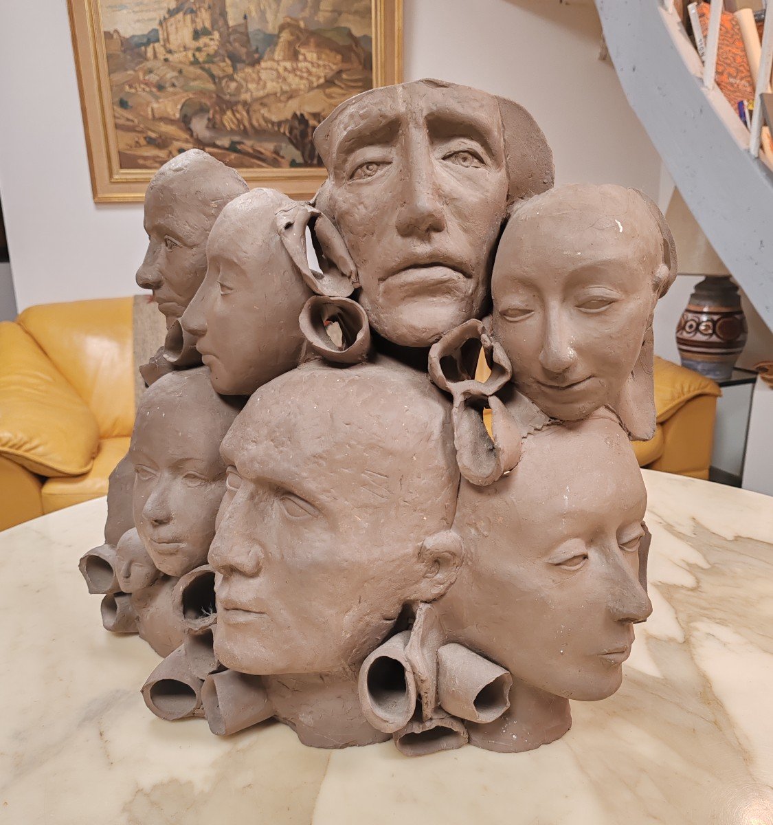 Grande Sculpture En Terre Cuite Aux Visages-photo-2