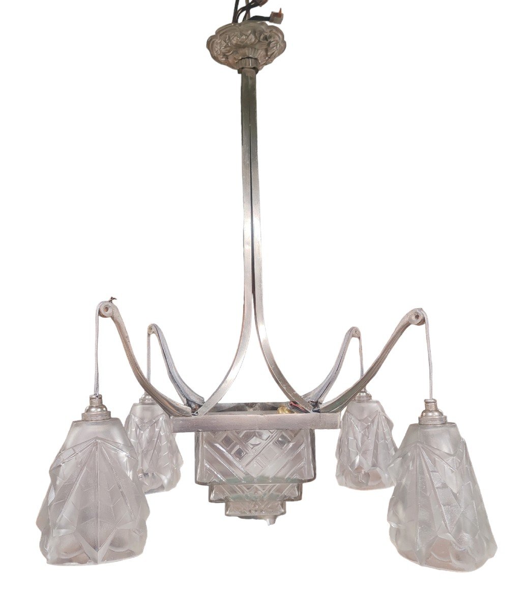 Art-deco Chandelier Signed Degué-photo-3