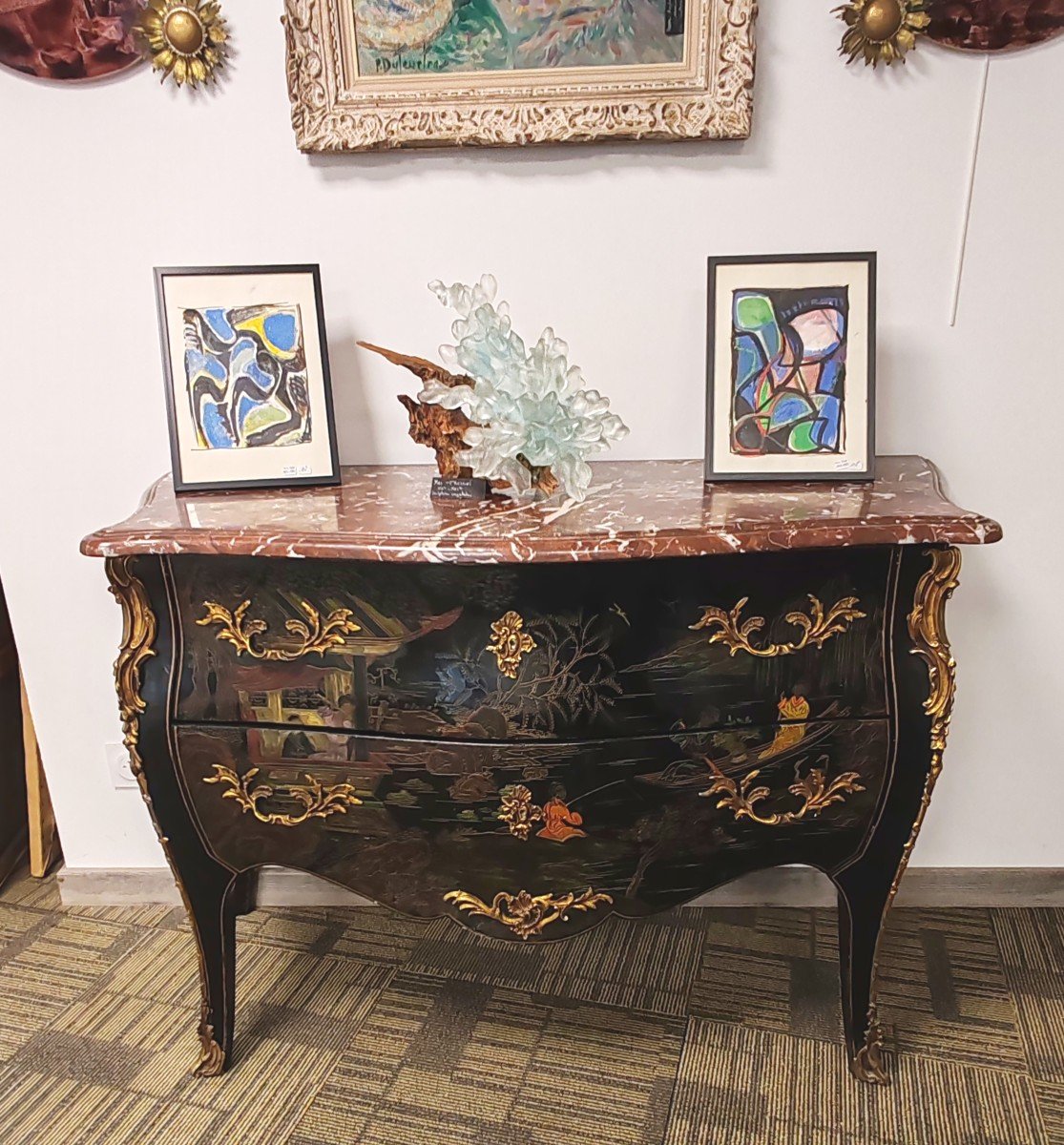 Curved Chest Of Drawers In Chinese Lacquer In The Louis XV Style.-photo-2