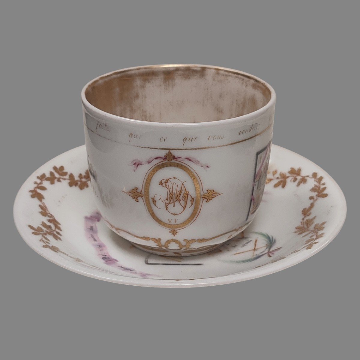 Tasse Et Sous Tasse Compagnonnique En Porcelaine XIXème-photo-3