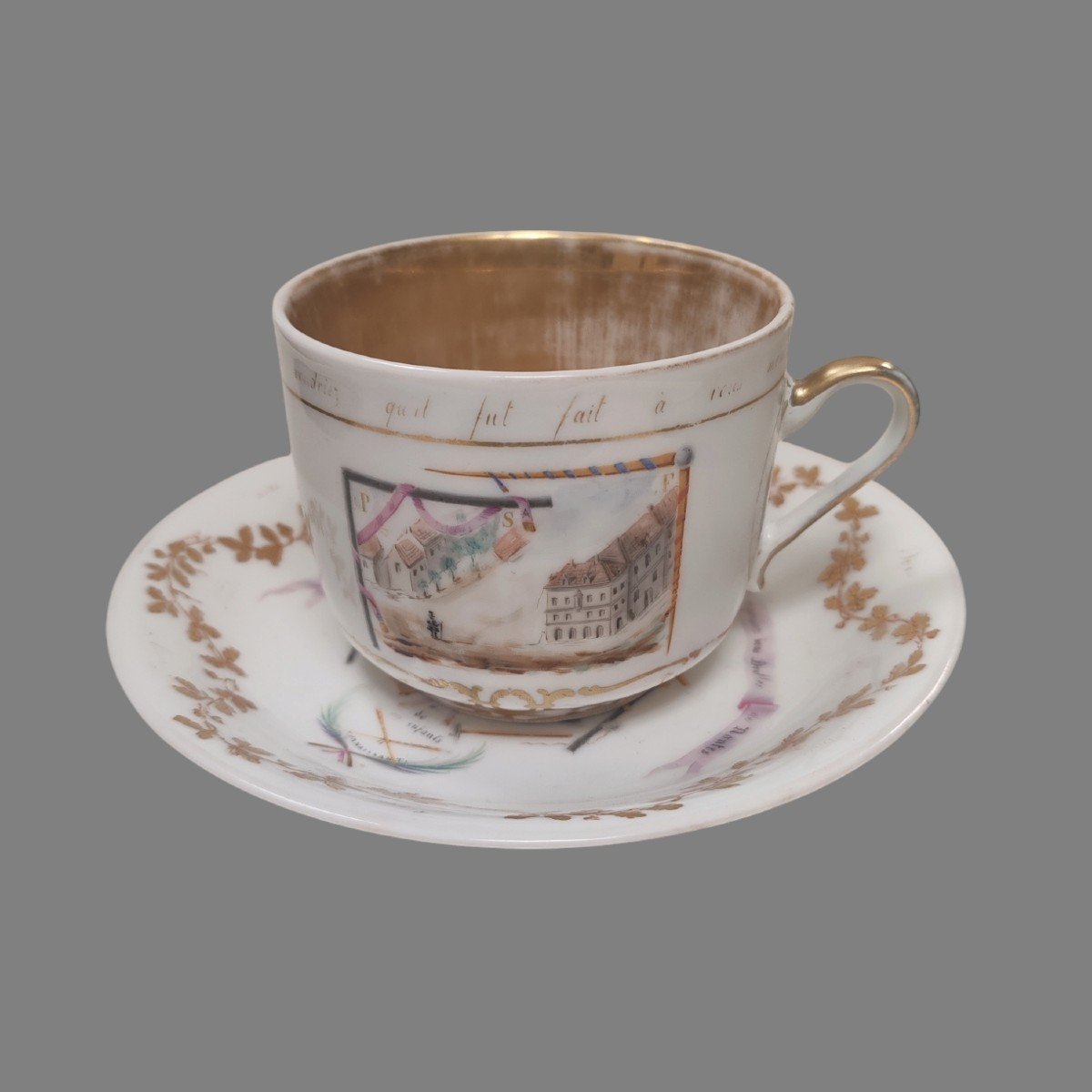 Tasse Et Sous Tasse Compagnonnique En Porcelaine XIXème