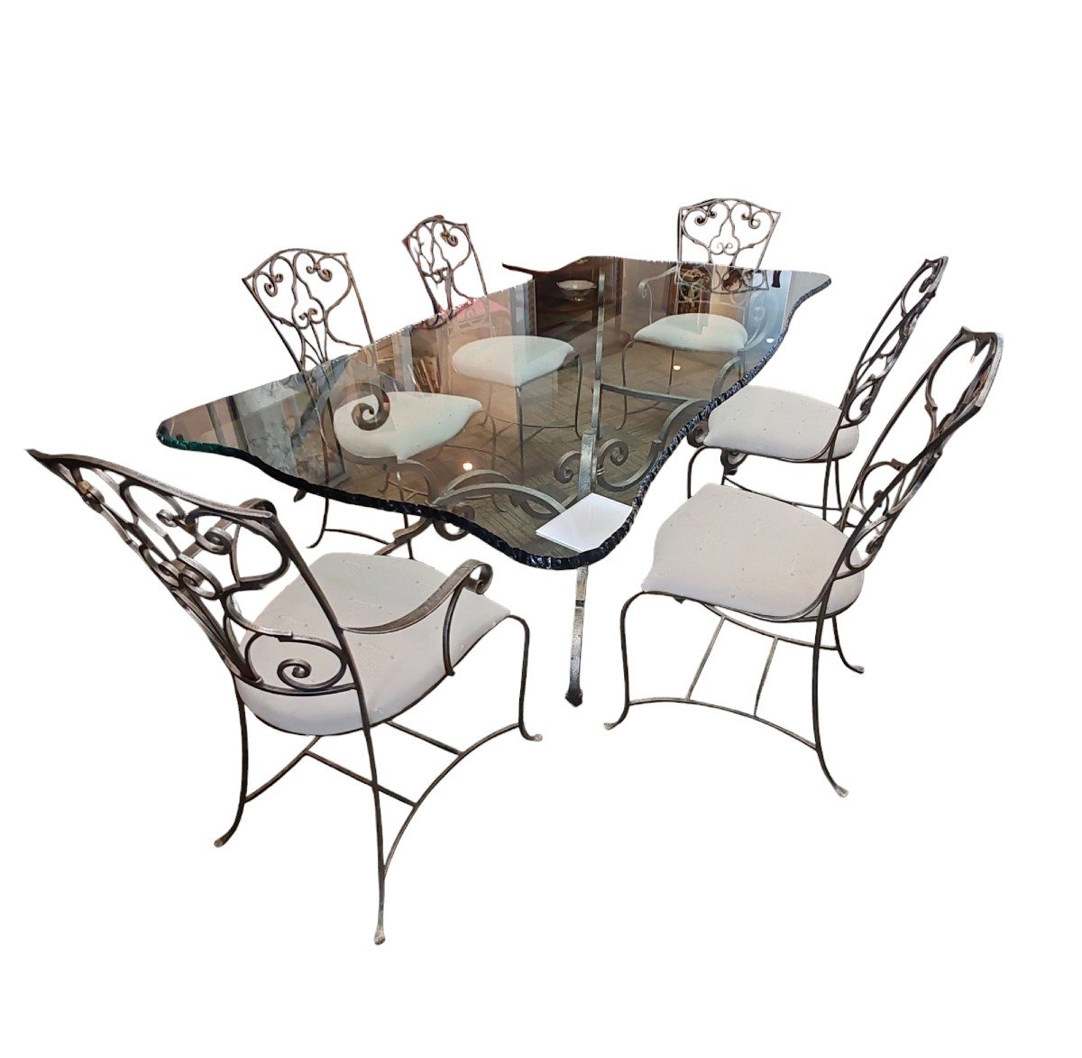 Wrought Iron And Glass Table And Chairs.