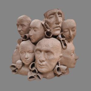 Grande Sculpture En Terre Cuite Aux Visages