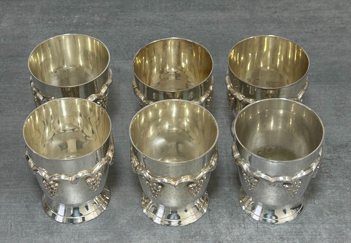 6 Goblets Or Wine Glass In Silver Metal, Mounted On Pedestal-photo-3