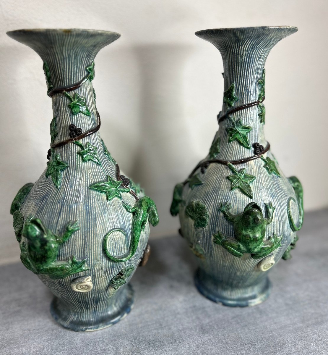 Pair Of Majolica Palissy Vases Victorian Period 1890.-photo-3