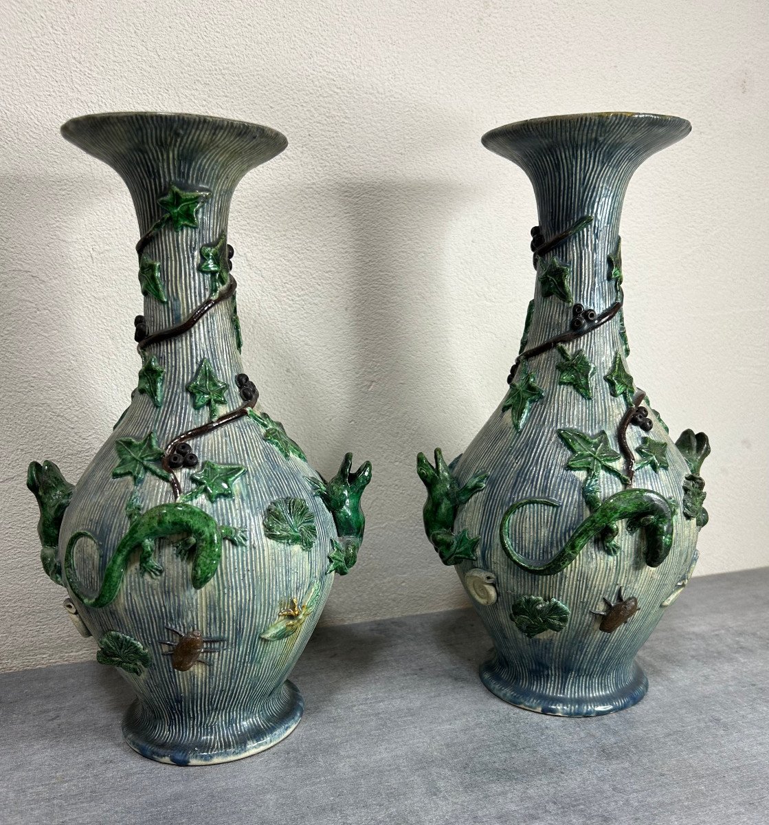 Pair Of Majolica Palissy Vases Victorian Period 1890.